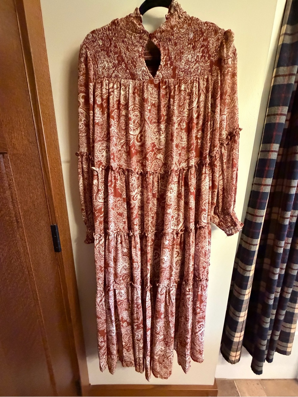 Boho Tiered Paisley Long Sleeve Dress in Rust - Picture 2 of 2